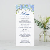 Blue Hydrangea Bloemengroen Bruiloft Menu Kaart (Staand voorkant)