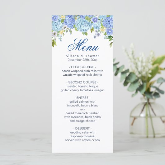 Blue Hydrangea Bloemengroen Bruiloft Menu Kaart (Staand voorkant)