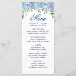 Blue Hydrangea Bloemengroen Bruiloft Menu Kaart