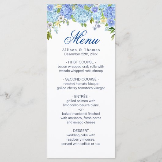 Blue Hydrangea Bloemengroen Bruiloft Menu Kaart (Voorkant)