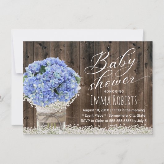 Blue Hydrangea Bloemenpot Barn Wood Baby shower Kaart (Voorkant)