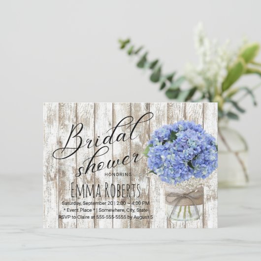 Blue Hydrangea Bloemenpot Rustiek Vrijgezellenfees Kaart (Staand voorkant)