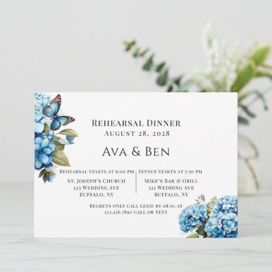 Blue Hydrangea Bloemenvlinder repetitie diner Kaart (Staand voorkant)