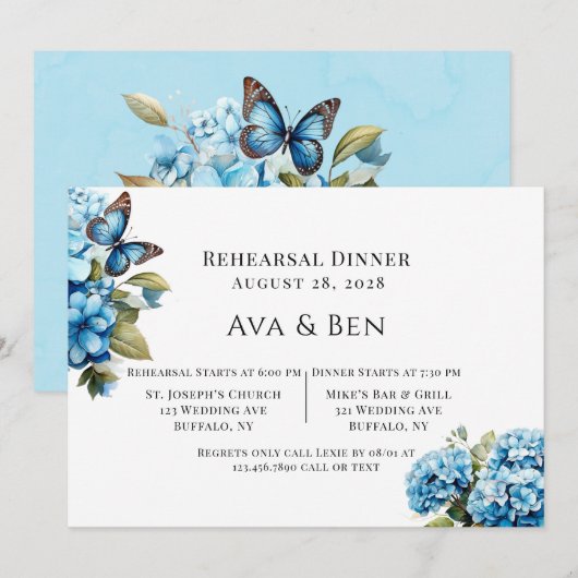 Blue Hydrangea Bloemenvlinder repetitie diner Kaart (Voorkant / Achterkant)
