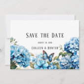 Blue Hydrangea Bloemenvlinder Save the Date Kaart (Voorkant)