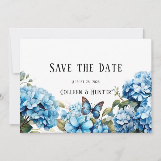 Blue Hydrangea Bloemenvlinder Save the Date Kaart (Voorkant)