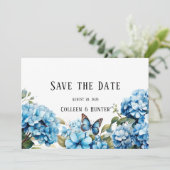 Blue Hydrangea Bloemenvlinder Save the Date Kaart (Staand voorkant)