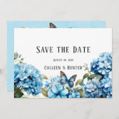 Blue Hydrangea Bloemenvlinder Save the Date Kaart (Voorkant / Achterkant)