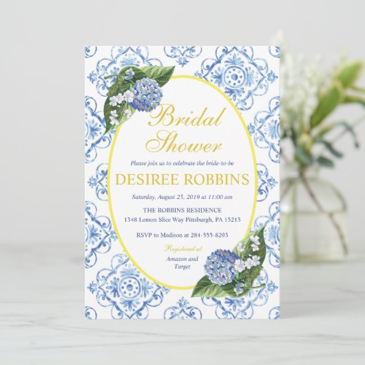 Blue Hydrangea Blue Tegel bruidsdouche uitnodiging (Staand voorkant)