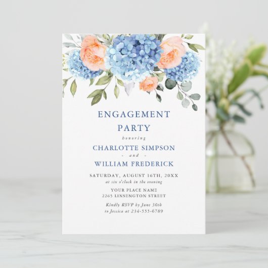 Blue Hydrangea Blush Pink Roses ENGAGEMENT PARTY Kaart (Staand voorkant)
