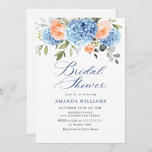 Blue Hydrangea Blush Pink Roses VRIJGEZELLENFEEST Kaart (Voorkant / Achterkant)