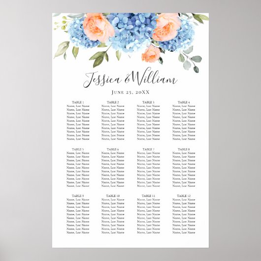 Blue Hydrangea Blush Roos 12 Tafels ZITSCHEMA Poster (Voorkant)