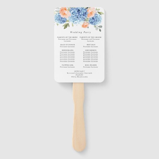 Blue Hydrangea Blush Roos Trouwceremonie Programma Handwaaier (Achterkant)