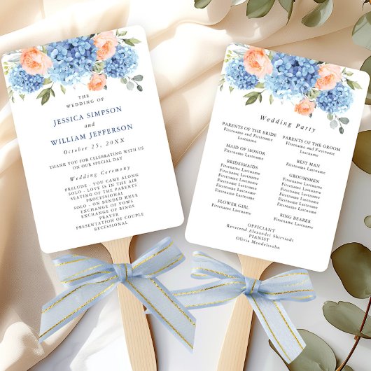 Blue Hydrangea Blush Roos Trouwceremonie Programma Handwaaier