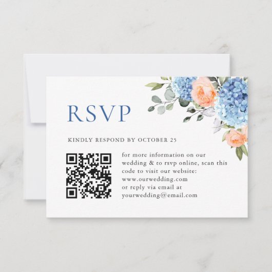 Blue Hydrangea Blush Roze Rozen Bruiloft QR code RSVP Kaartje (Voorkant)