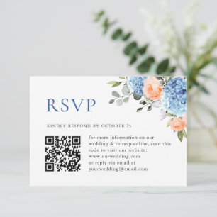 Blue Hydrangea Blush Roze Rozen Bruiloft QR code RSVP Kaartje