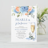 Blue Hydrangea Blush Roze Rozen PARELS & Prosecco Kaart (Staand voorkant)