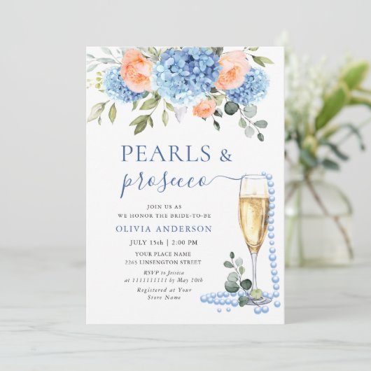 Blue Hydrangea Blush Roze Rozen PARELS & Prosecco Kaart (Staand voorkant)