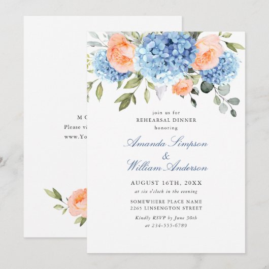 Blue Hydrangea Blush Roze Rozen Repetitie Diner Kaart (Voorkant / Achterkant)