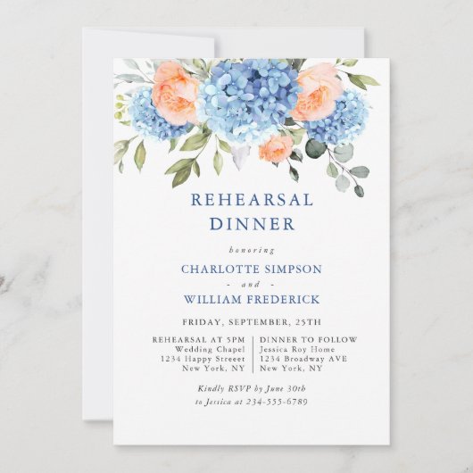 Blue Hydrangea Blush Roze Rozen Repetitie Diner Kaart (Voorkant)