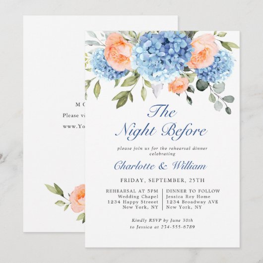 Blue Hydrangea Blush Roze Rozen Repetitie Diner Kaart (Voorkant / Achterkant)
