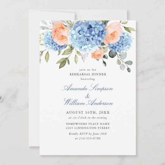 Blue Hydrangea Blush Roze Rozen Repetitie Diner Kaart (Voorkant)