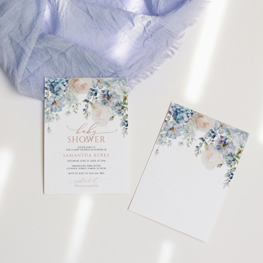 Blue Hydrangea & Blush Rozen Baby shower Kaart