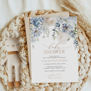 Blue Hydrangea & Blush Rozen Baby shower Kaart
