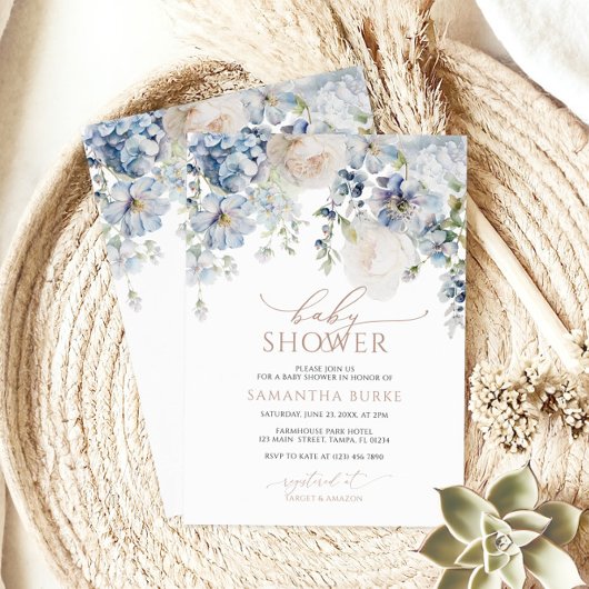 Blue Hydrangea & Blush Rozen Baby shower Kaart