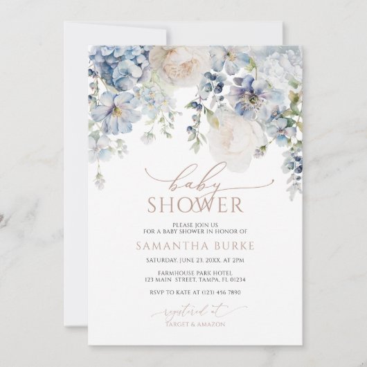 Blue Hydrangea & Blush Rozen Baby shower Kaart (Voorkant)