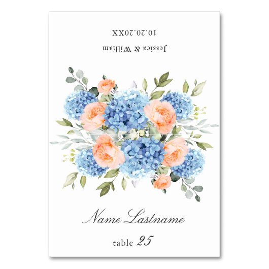 Blue Hydrangea Blush Rozen Bruiloft Escort Kaart (Voorkant)