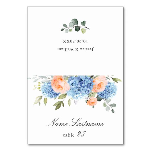 Blue Hydrangea Blush Rozen Bruiloft Escort Kaart (Voorkant)
