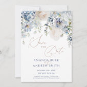 Blue Hydrangea & Blush Rozen Save the Date Kaart (Voorkant)