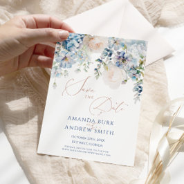 Blue Hydrangea & Blush Rozen Save the Date Kaart