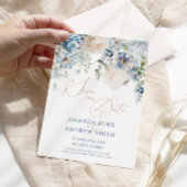 Blue Hydrangea & Blush Rozen Save the Date Kaart