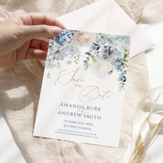 Blue Hydrangea & Blush Rozen Save the Date Kaart