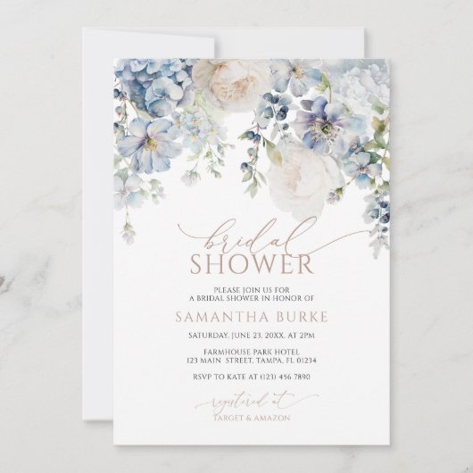 Blue Hydrangea & Blush Rozen Vrijgezellenfeest Kaart (Voorkant)