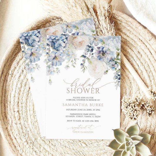 Blue Hydrangea & Blush Rozen Vrijgezellenfeest Kaart