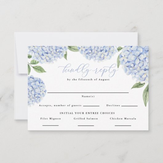 Blue Hydrangea Border Food Keuzes Huwelijksantwoor RSVP Kaartje (Voorkant)