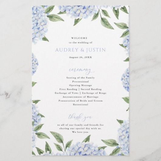 Blue Hydrangea Border Gevouwen Trouwpapier Program Flyer (Voorkant)