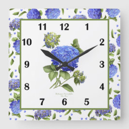 Blue Hydrangea Botanical Art Square Wall Clock Vierkante Klok