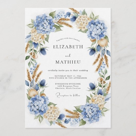 Blue Hydrangea Botanical Romance Wedding Kaart (Voorkant)