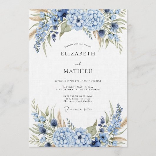 Blue Hydrangea Botanical Wedding Kaart (Voorkant)
