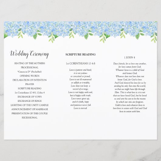 Blue Hydrangea Botanical Wedding Order of Service (Achterkant)