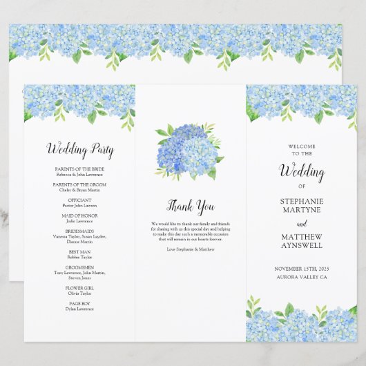 Blue Hydrangea Botanical Wedding Order of Service (Voorkant / Achterkant)