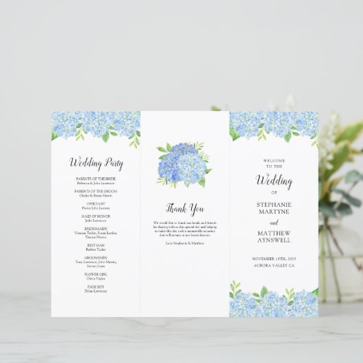 Blue Hydrangea Botanical Wedding Order of Service (Staand voorkant)