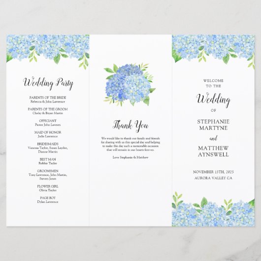 Blue Hydrangea Botanical Wedding Order of Service (Voorkant)
