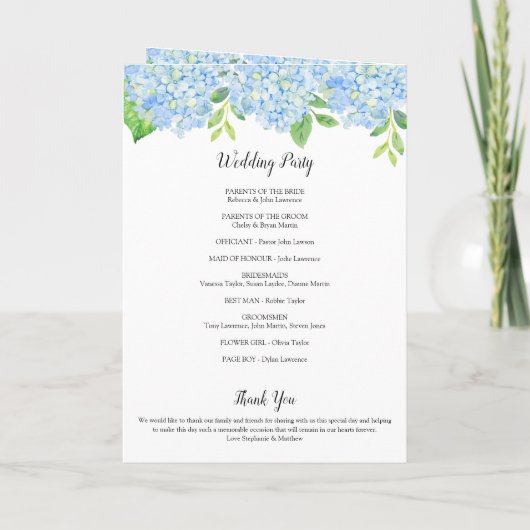 Blue Hydrangea Bouquet Botanical Wedding Program Programma (Achterkant)
