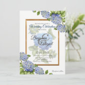 Blue Hydrangea Bouquet Gold Elegant Floral Wedding Kaart (Staand voorkant)