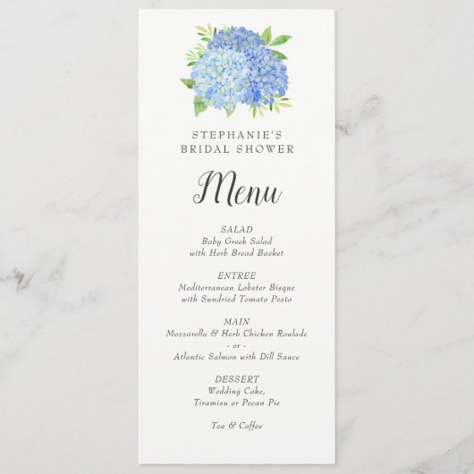 Blue Hydrangea Bouquet Vrijgezellenfeest Menu (Voorkant)